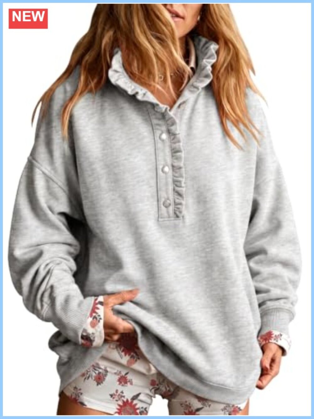 Oversized Mock Neck Henley Sweatshirt Fleece Blend Pullover Long Sleeve